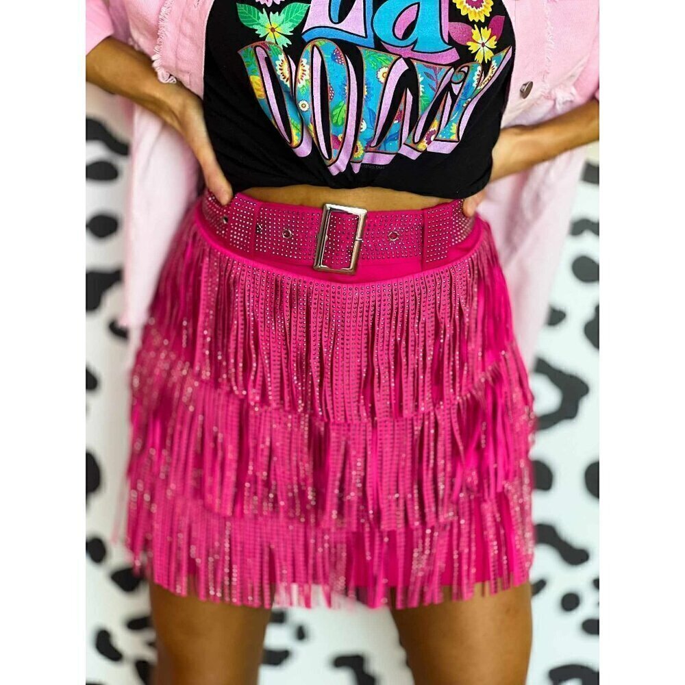 Spotlight Stealer Rhinestone Fringe Mini Skort Fuchsia - Picture 7 of 10